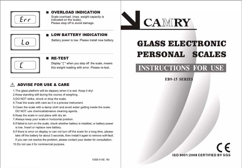 Page 1 of the manual User Manual Camry EB9015