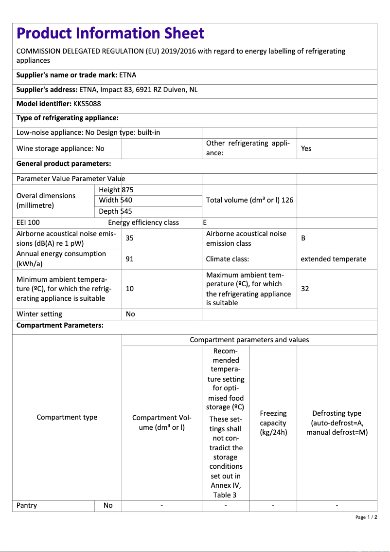 Page 1 of the manual Technical Sheet Etna KKS5088