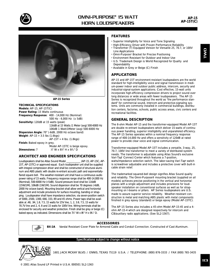 Page 1 of the manual User Manual Atlas Sound AP-15TC