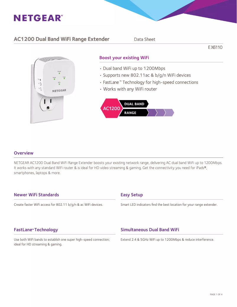Page 1 of the manual Technical Sheet Netgear EX6110