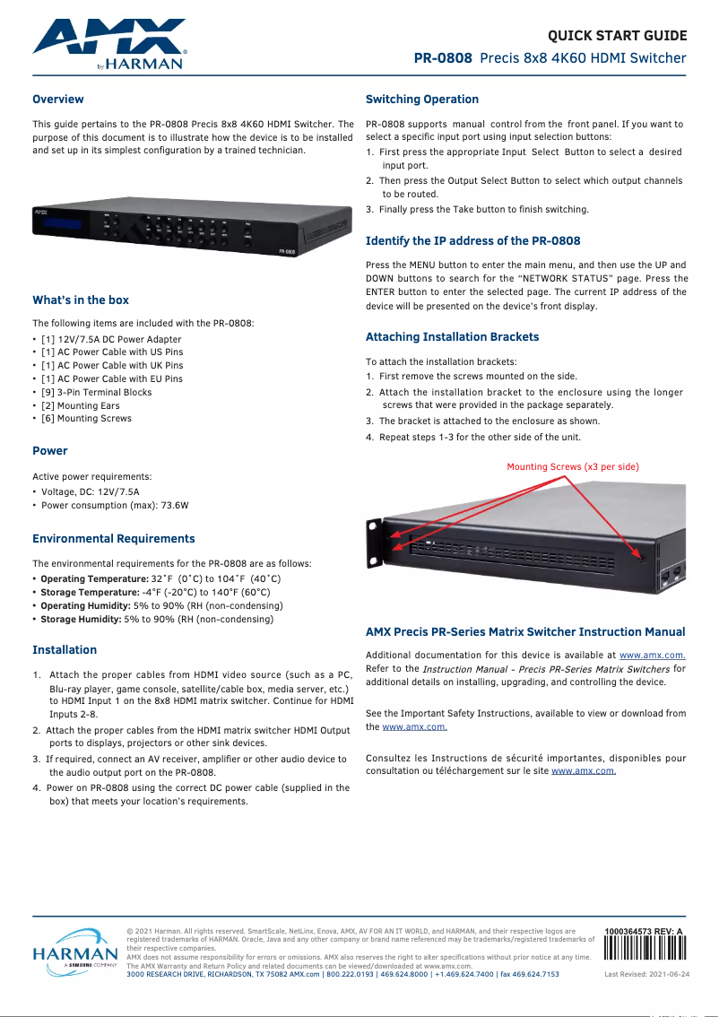 Page 1 of the manual User Manual AMX PR-0808