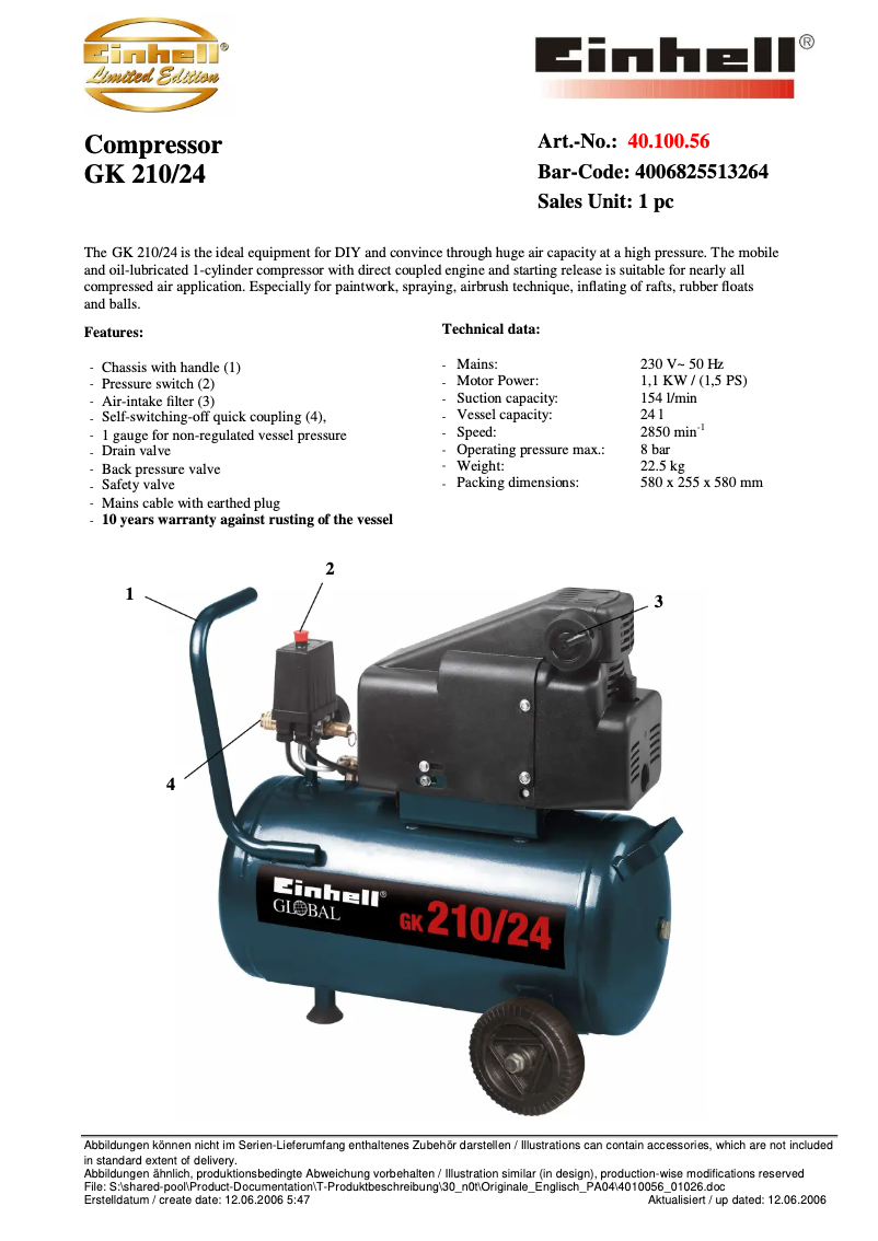 Page 1 of the manual Technical Sheet Global GK 210/24
