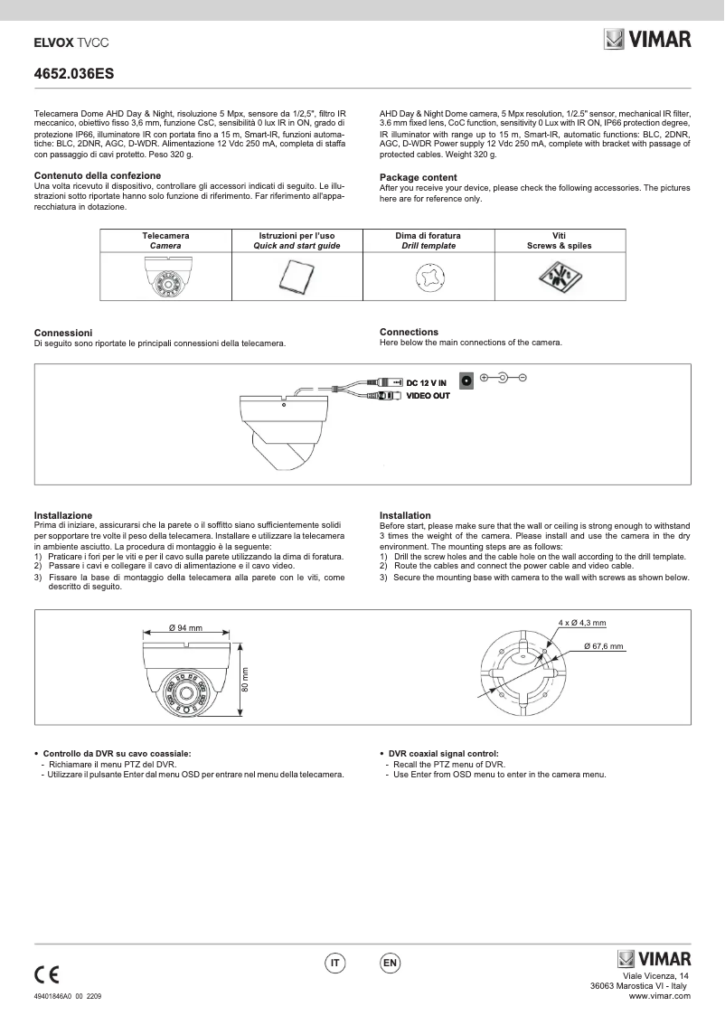 Page 1 of the manual User Manual Vimar ELVOX 4652.036ES