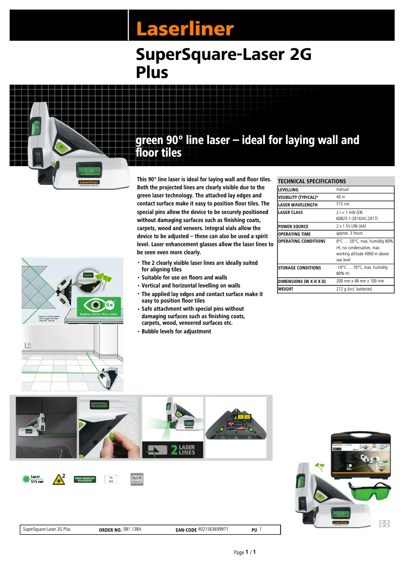 Page 1 of the manual Technical Sheet Laserliner SuperSquare-Laser 2G Plus