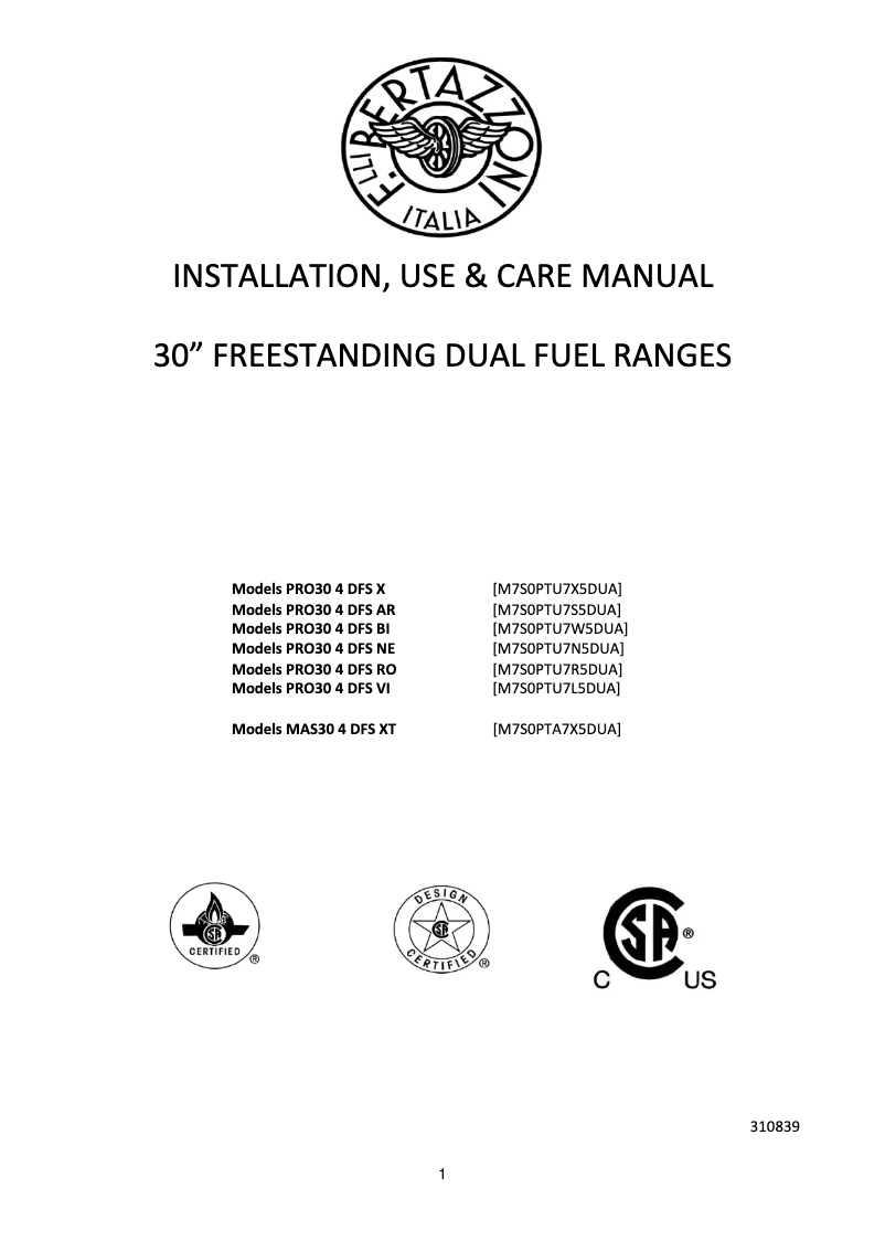 Page 1 of the manual User Manual Bertazzoni PRO30 4