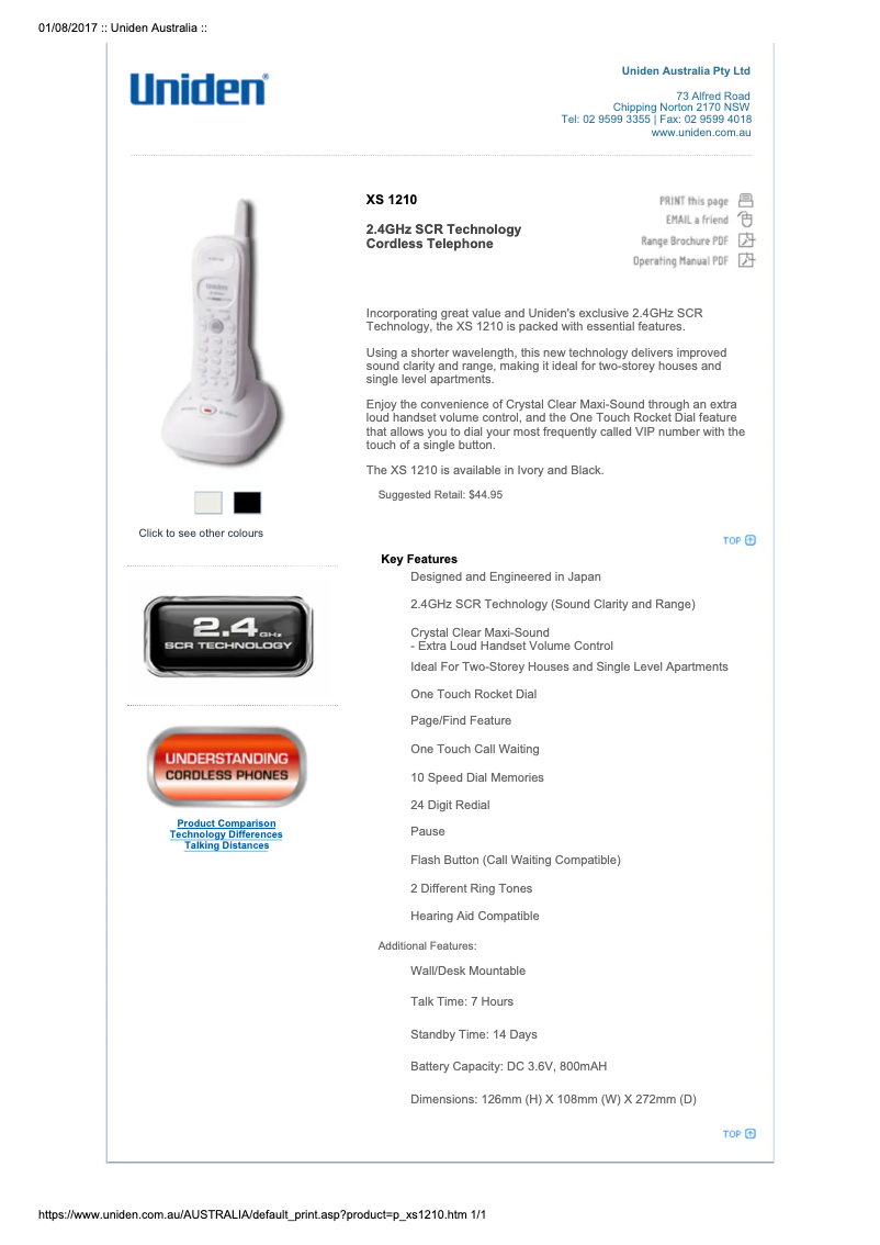 Page 1 of the manual Technical Sheet Uniden XS 1210
