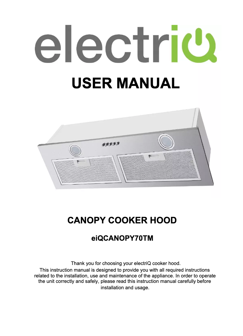 Page 1 of the manual User Manual ElectriQ eiQCANOPY70TM