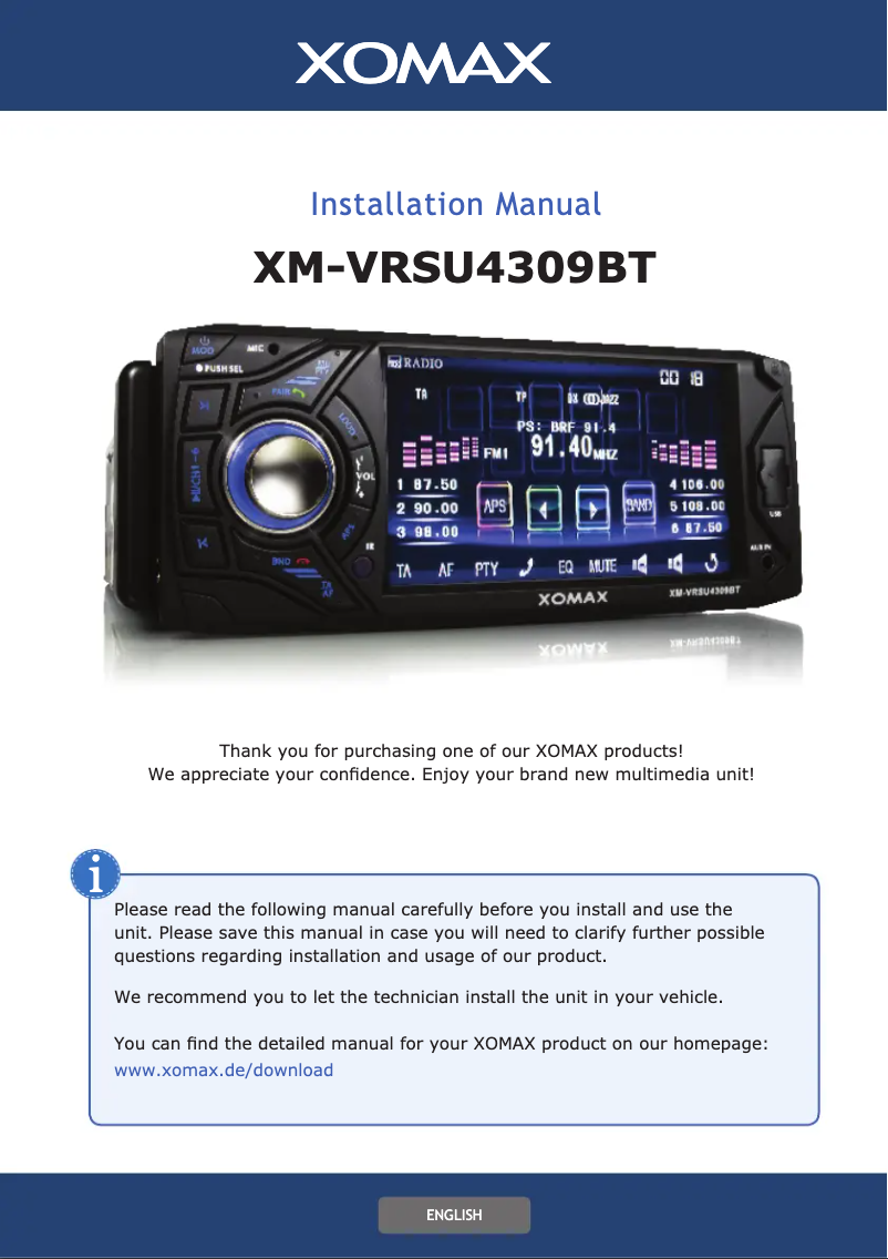 First page image of the manual for XM-VRSU4309BT V1