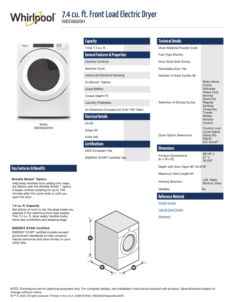 Page 1 of the manual Technical Sheet Whirlpool WED5620HW