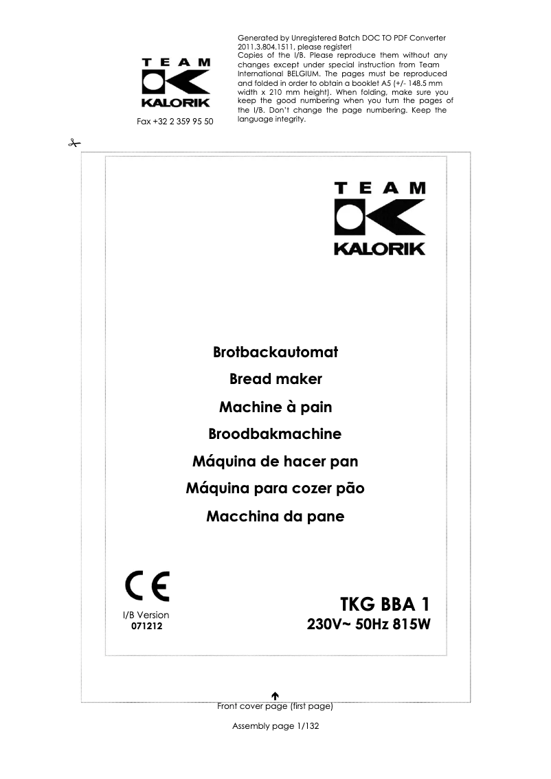 First page image of the manual for TKG BBA 1