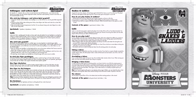 First page image of the manual for Disney Pixar Monsters University 2 in 1 Board Game