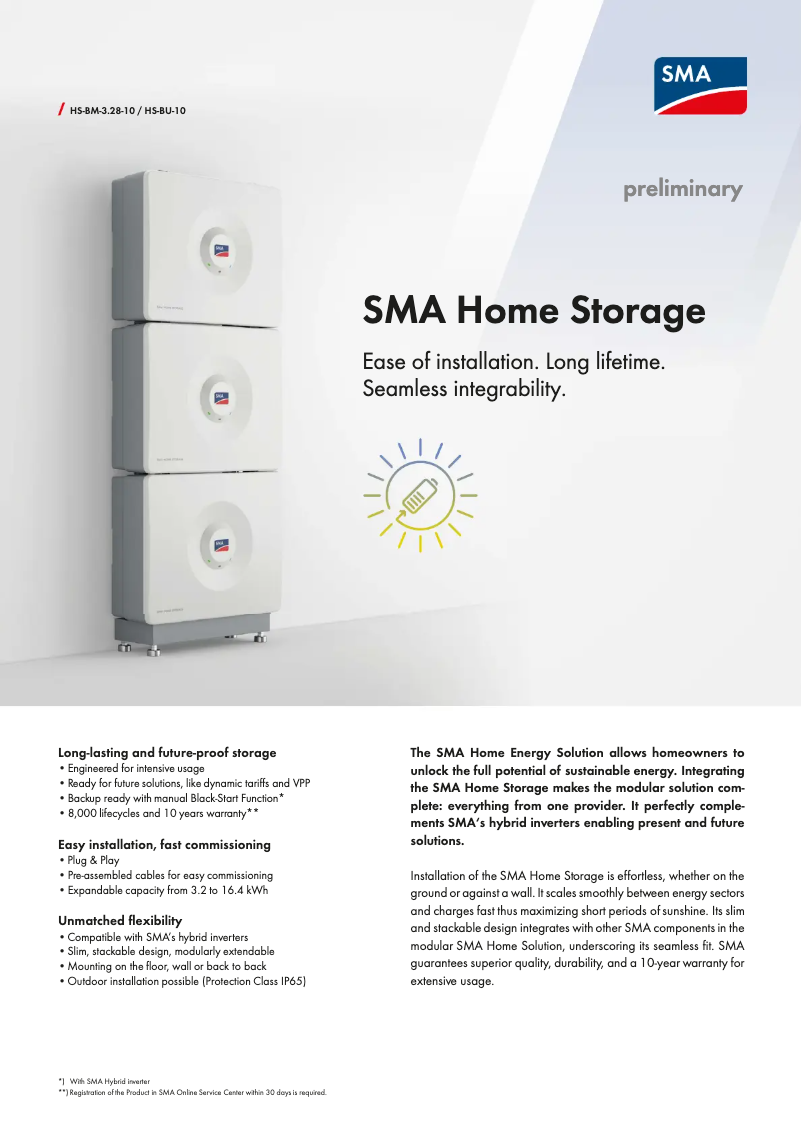 Page 1 de la notice Fiche technique SMA Home Storage HS-BM-3.28-10