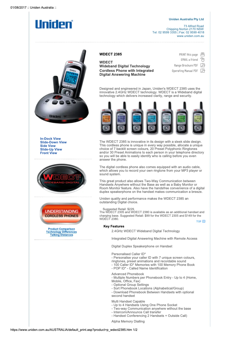 Page 1 of the manual User Manual Uniden WDECT 2385