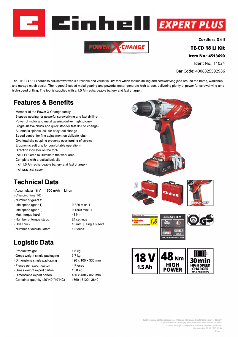 Page 1 of the manual Technical Sheet Einhell TE-CD 18 Li Kit