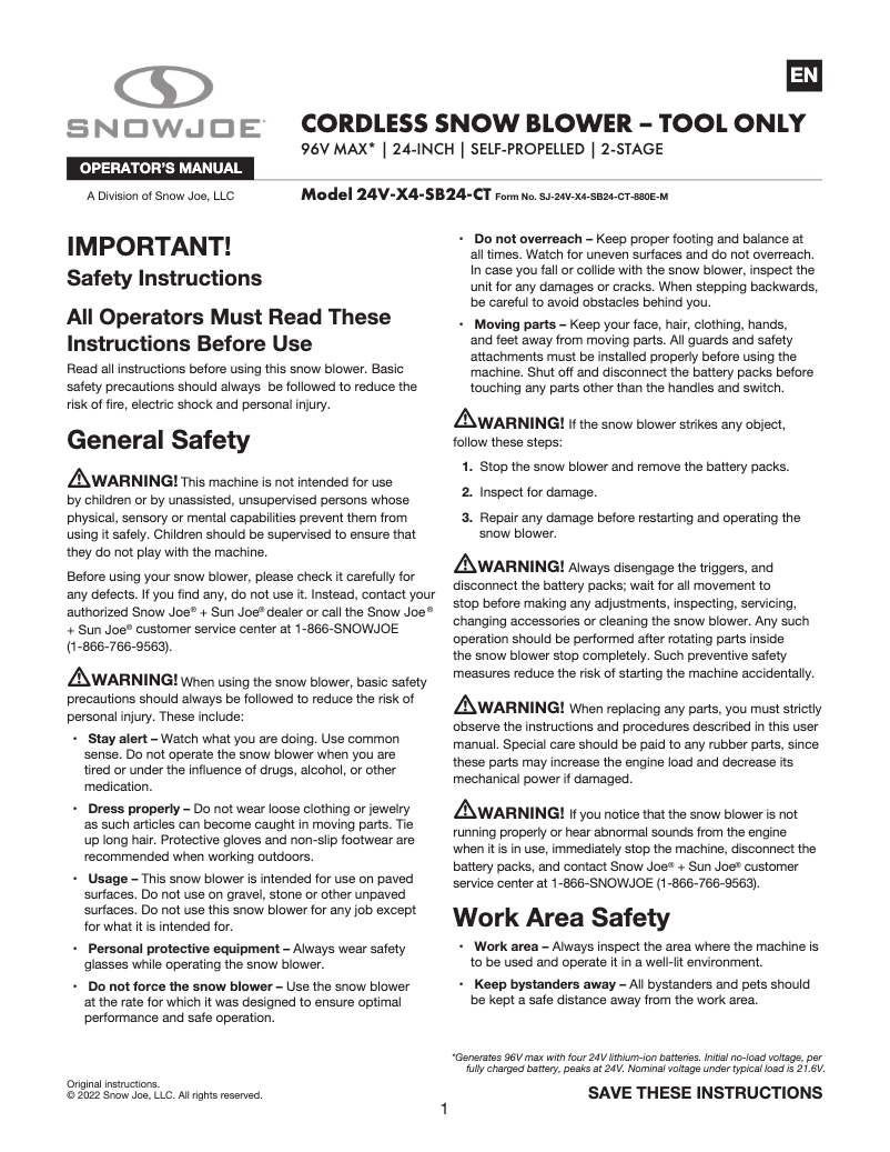 Page 1 of the manual User Manual Snow Joe 24V-X4-SB24-CT