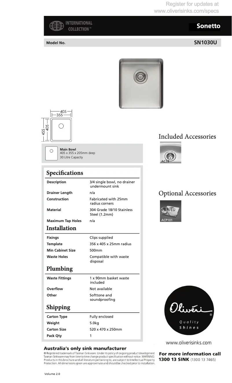 Page 1 of the manual Technical Sheet Oliveri SN1030U