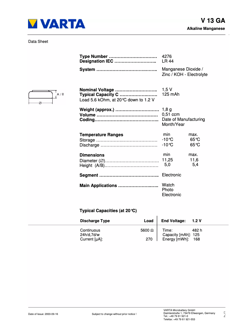 First page image of the manual for Primary Alkaline Button V 13 GA