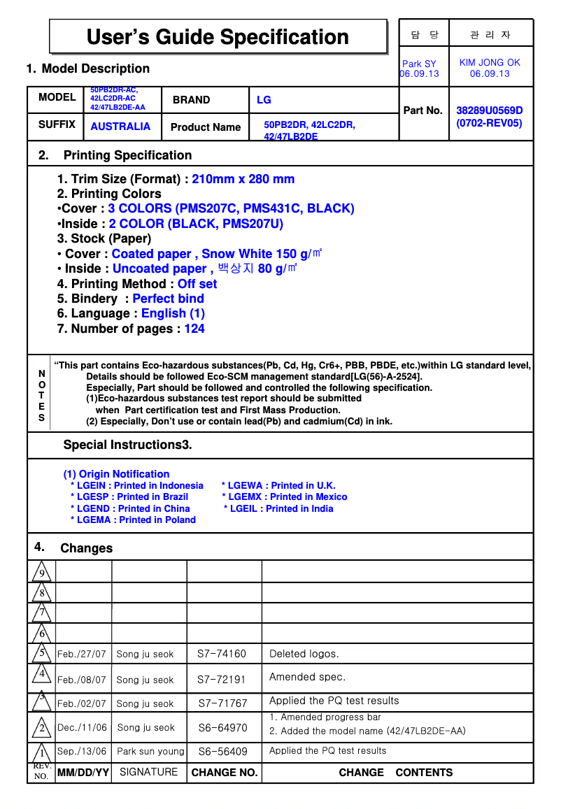 First page image of the manual for 47LB2DE