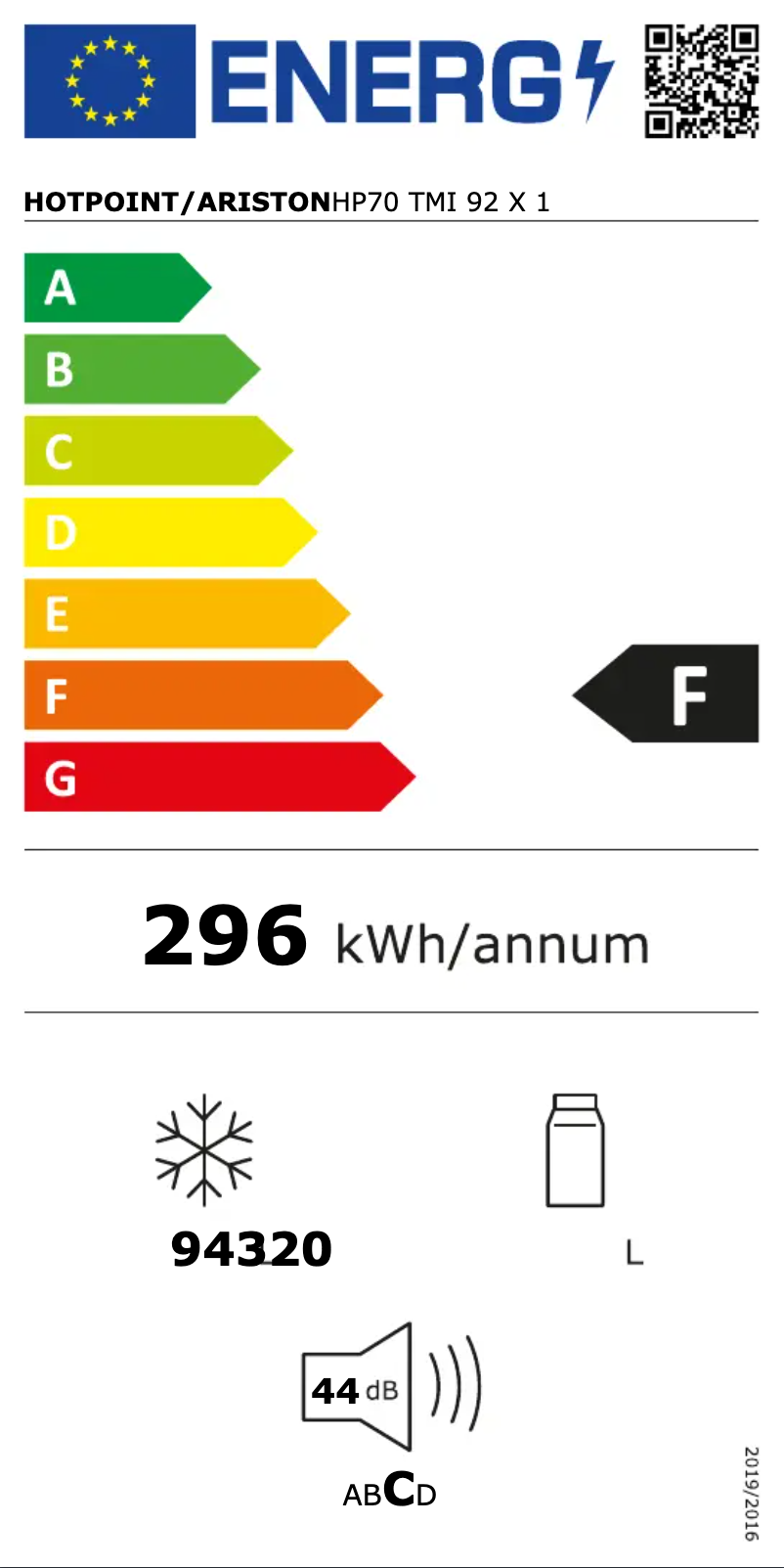 Page 1 of the manual Energy Label Hotpoint HP70 TMI 92 X 1