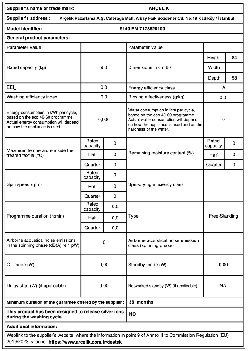 Page 1 of the manual Technical Sheet Arçelik 9140 PM
