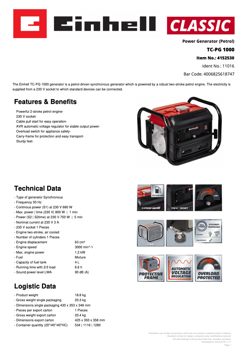 Page 1 of the manual Technical Sheet Einhell TC-PG 1000