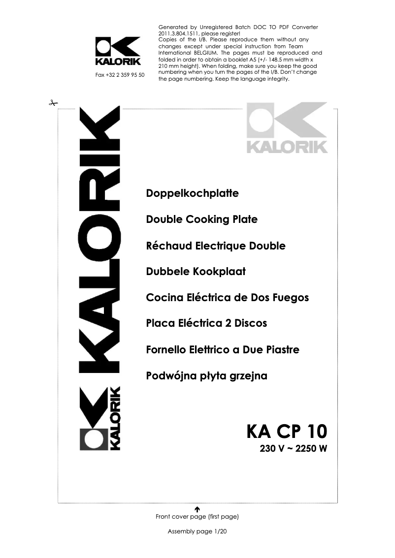 Page 1 of the manual User Manual Kalorik KA CP 10