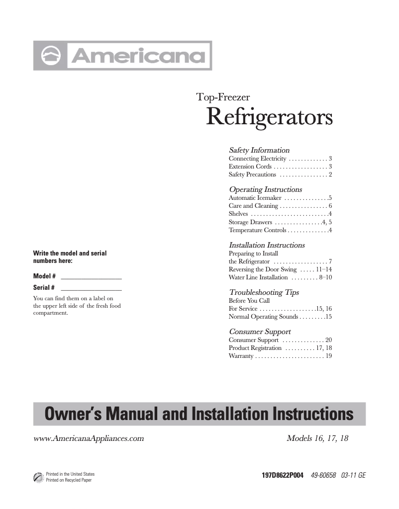 Page 1 of the manual Use and Maintenance Manual Americana A3316ABSBB