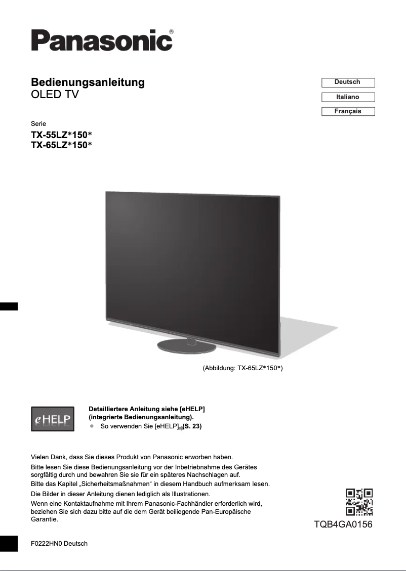 Page 1 of the manual Quick Start Guide Panasonic TX-65LZT1506