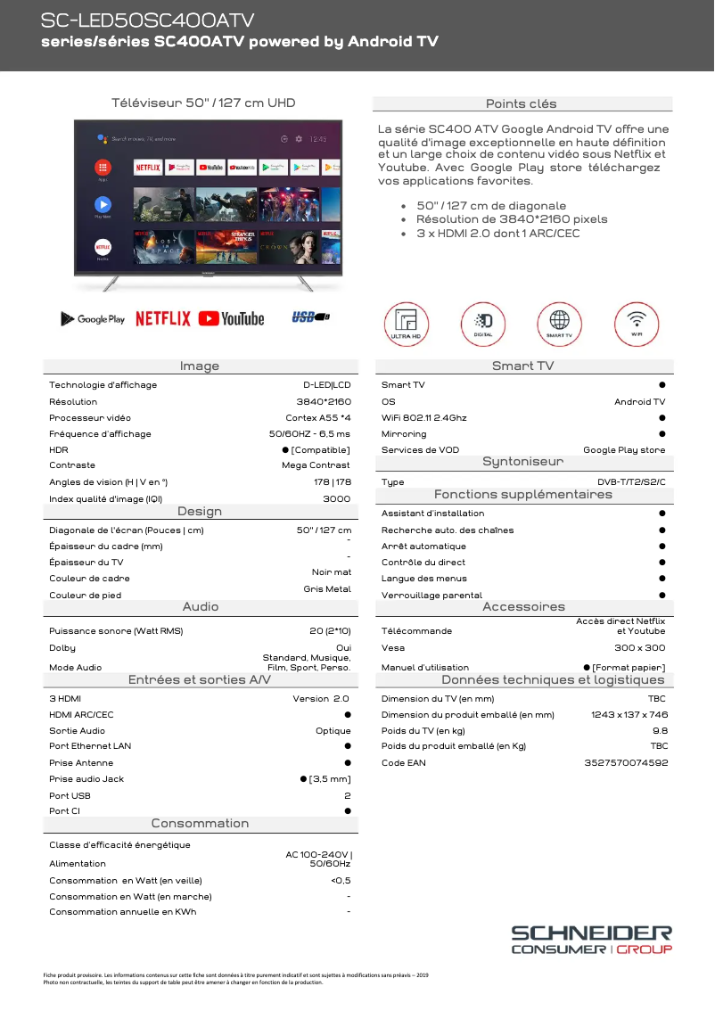 Page 1 of the manual Technical Sheet Schneider SC-LED50SC400ATV