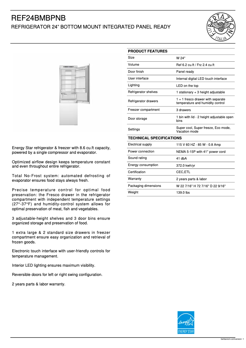 First page image of the manual for REF24BMBPNB