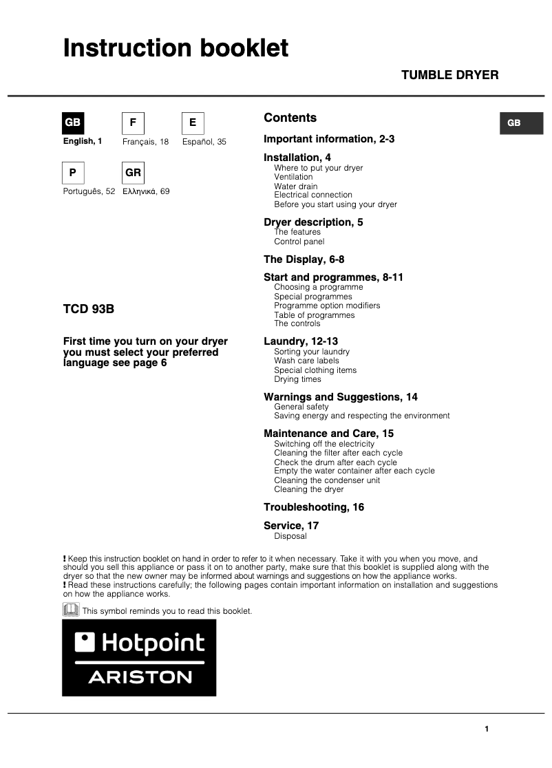 Page 1 of the manual User Manual Hotpoint Ariston TCD 93B 6H/Z1