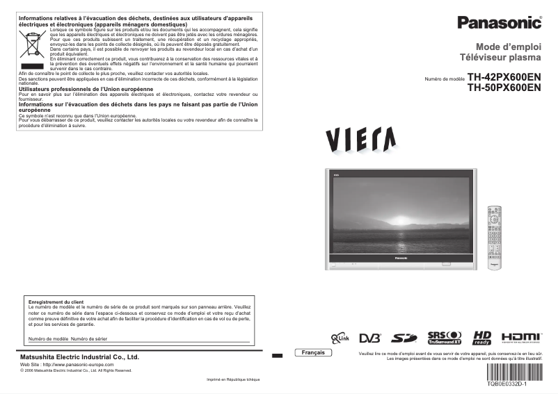 First page image of the manual for Viera TH-42PX600EN