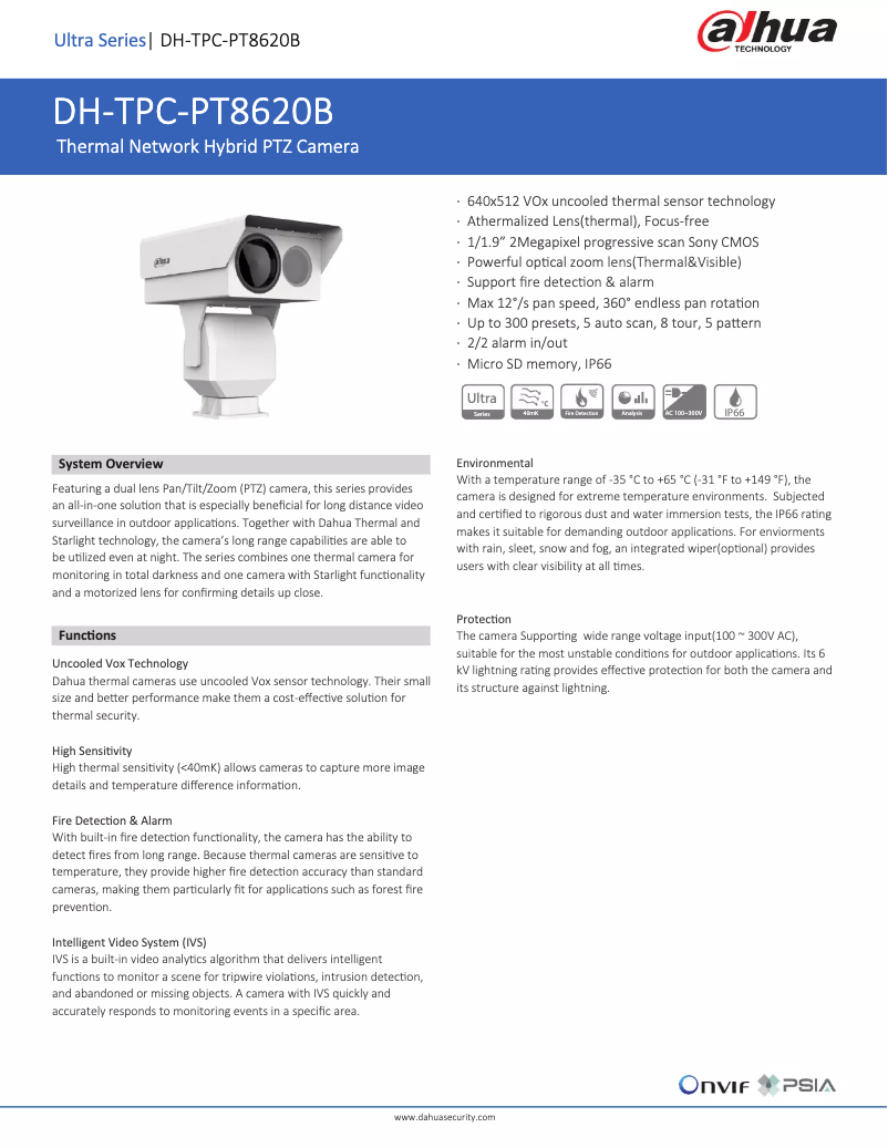 Page 1 of the manual Technical Sheet Dahua Technology TPC-PT8620B