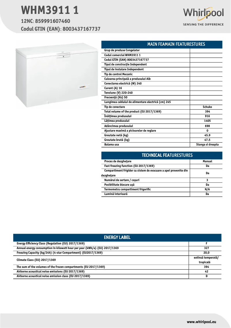Page 1 of the manual Technical Sheet Whirlpool WHM3911 1