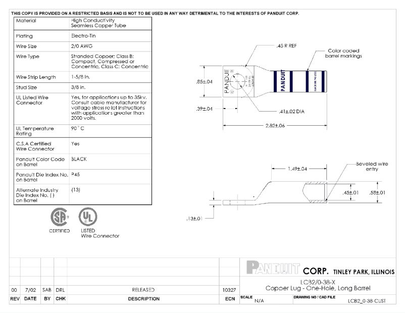 Page 1 of the manual Technical Drawing Panduit LCB2/0-38-X