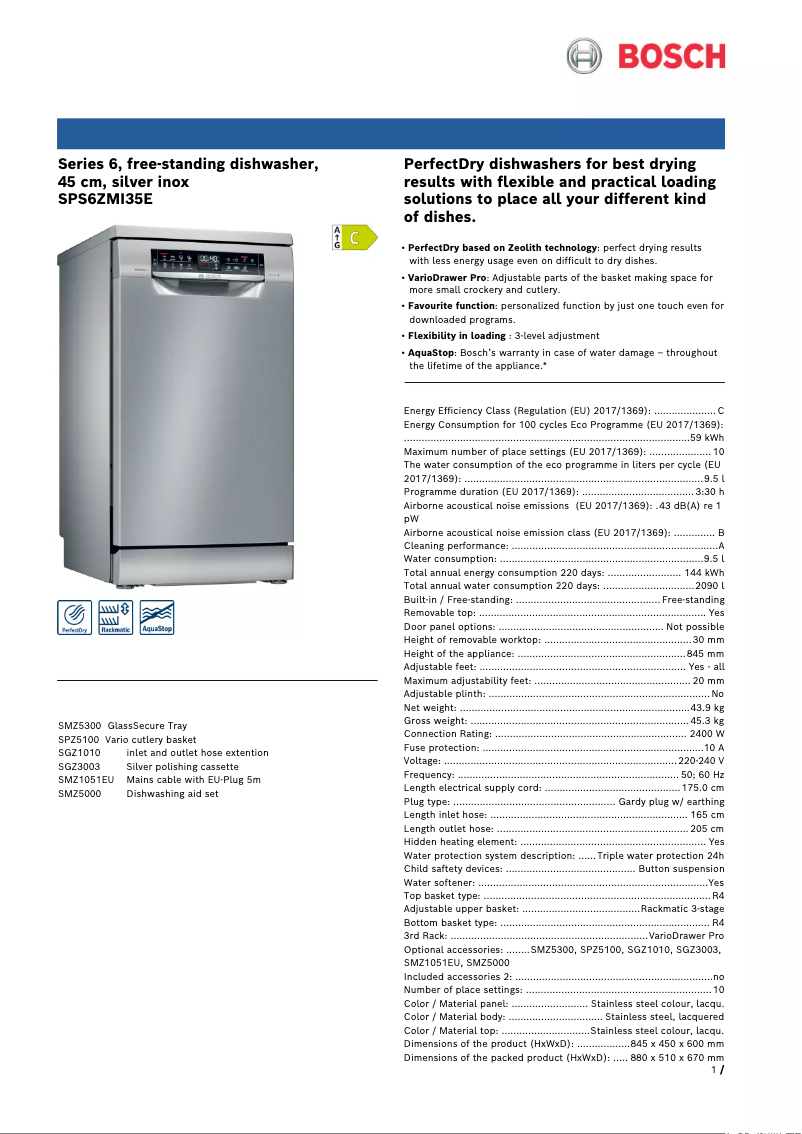 Page 1 of the manual Technical Sheet Bosch SPS6ZMI35E