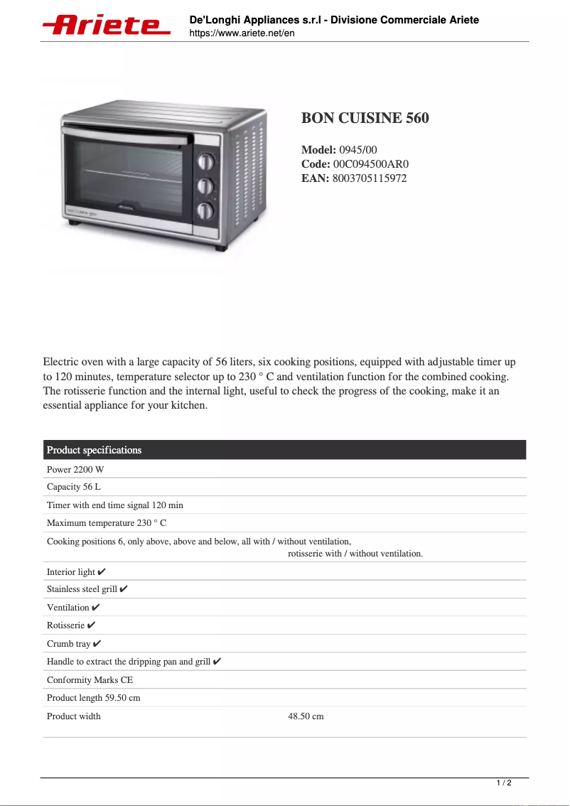 First page image of the manual for Bon Cuisine 560