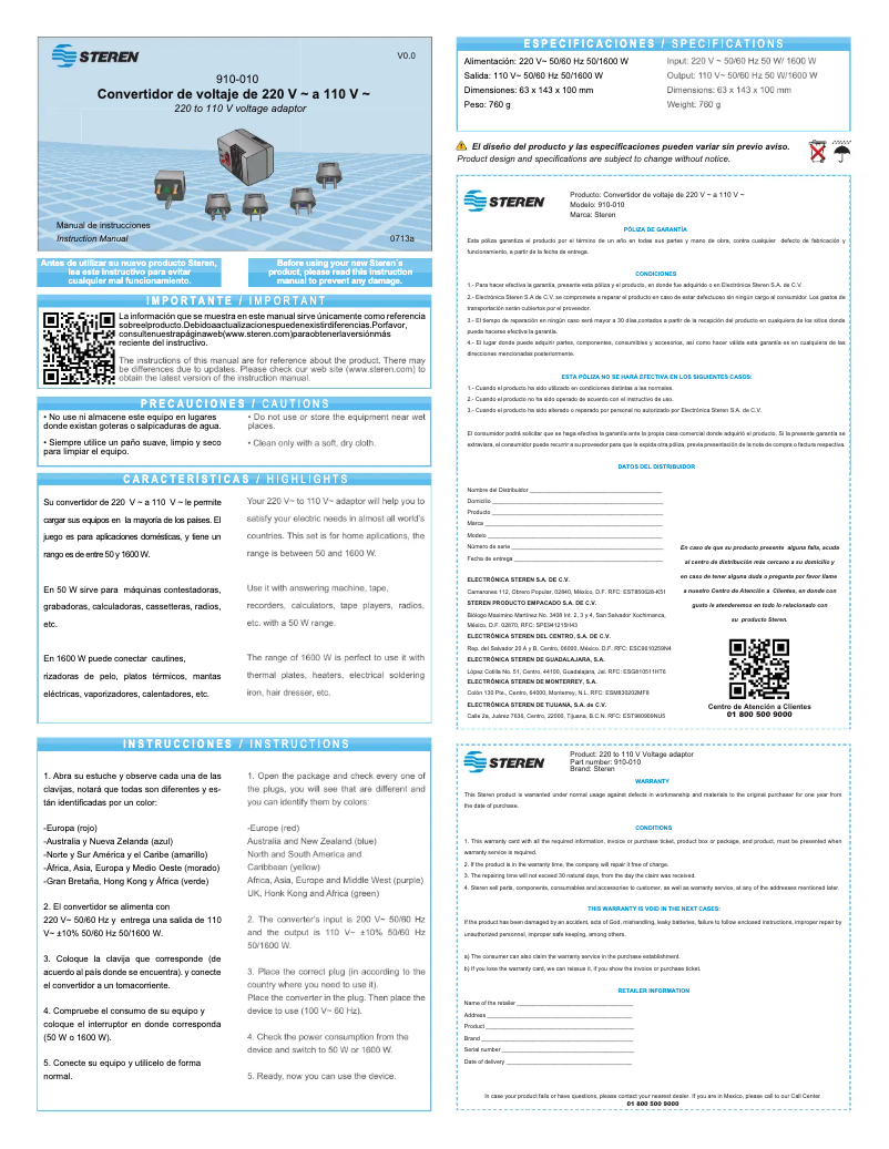 Page 1 of the manual User Manual Steren 910-010