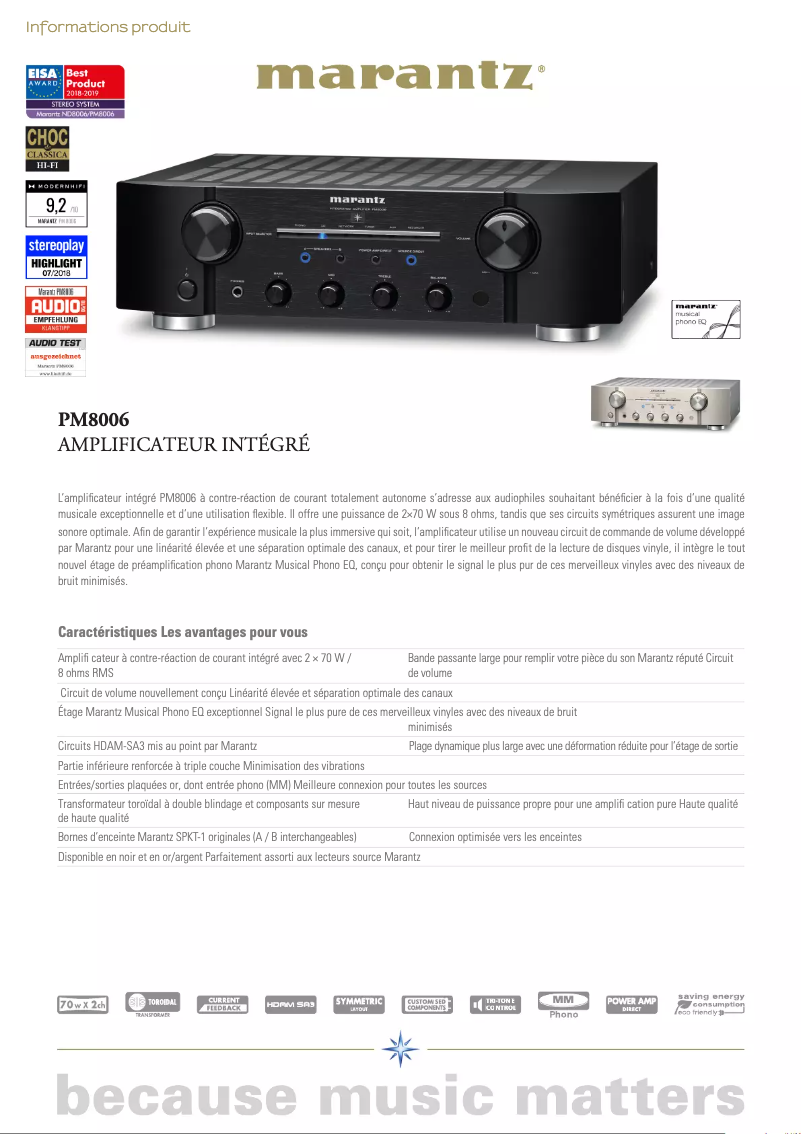 Page 1 of the manual Technical Sheet Marantz PM8006