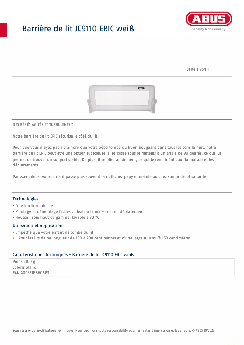 Page 1 of the manual Technical Sheet Abus JC9110 ERIC