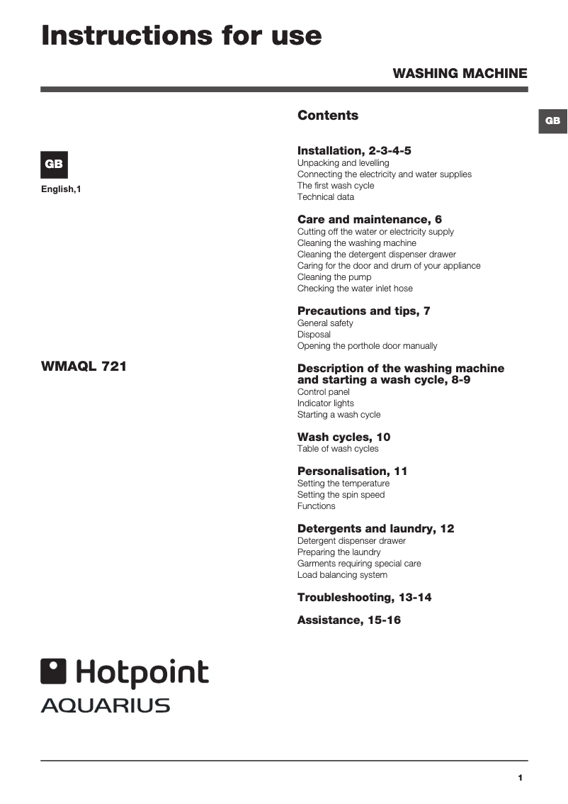 Page 1 of the manual User Manual Hotpoint WMAQL 721A UK