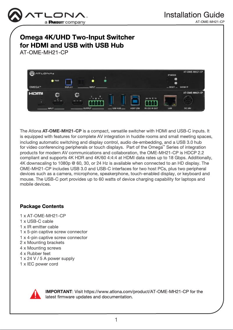 Page 1 of the manual Installation Guide Atlona AT-OME-MH21-CP