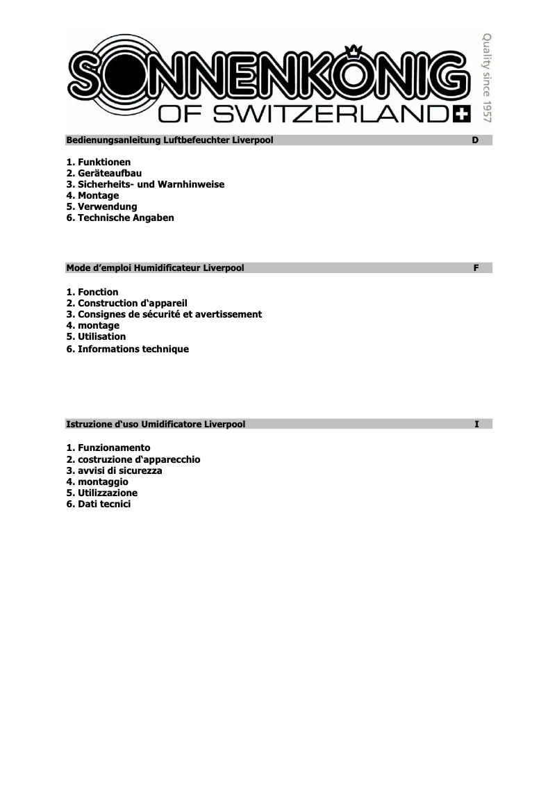 Page 1 of the manual User Manual Sonnenkönig Liverpool