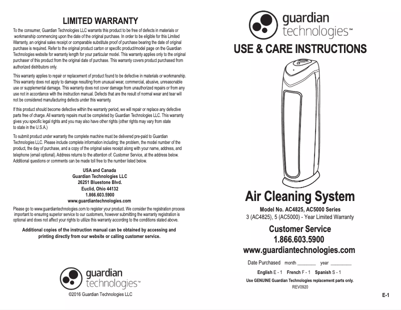Page 1 of the manual Use and Maintenance Manual GermGuardian AC5000