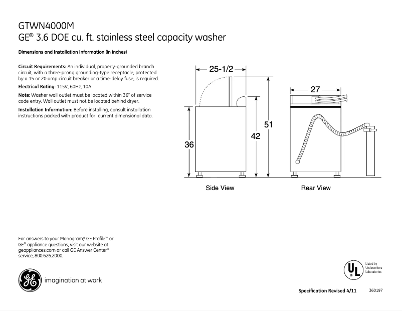 Page 1 of the manual Technical Sheet GE GTWN4000MWS