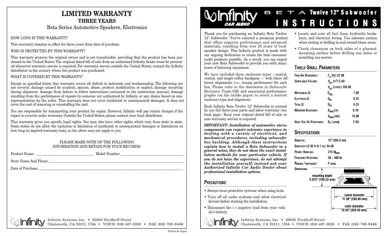 First page image of the manual for Beta 12