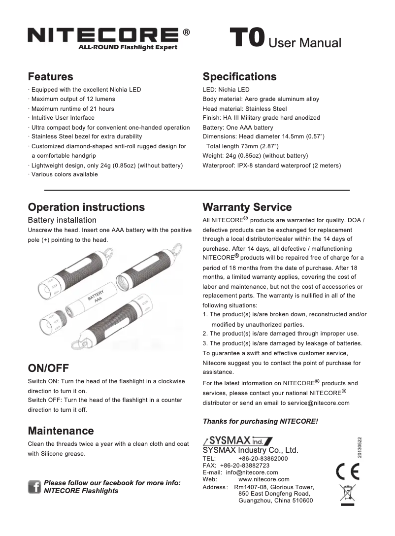 Page 1 of the manual User Manual Nitecore T0