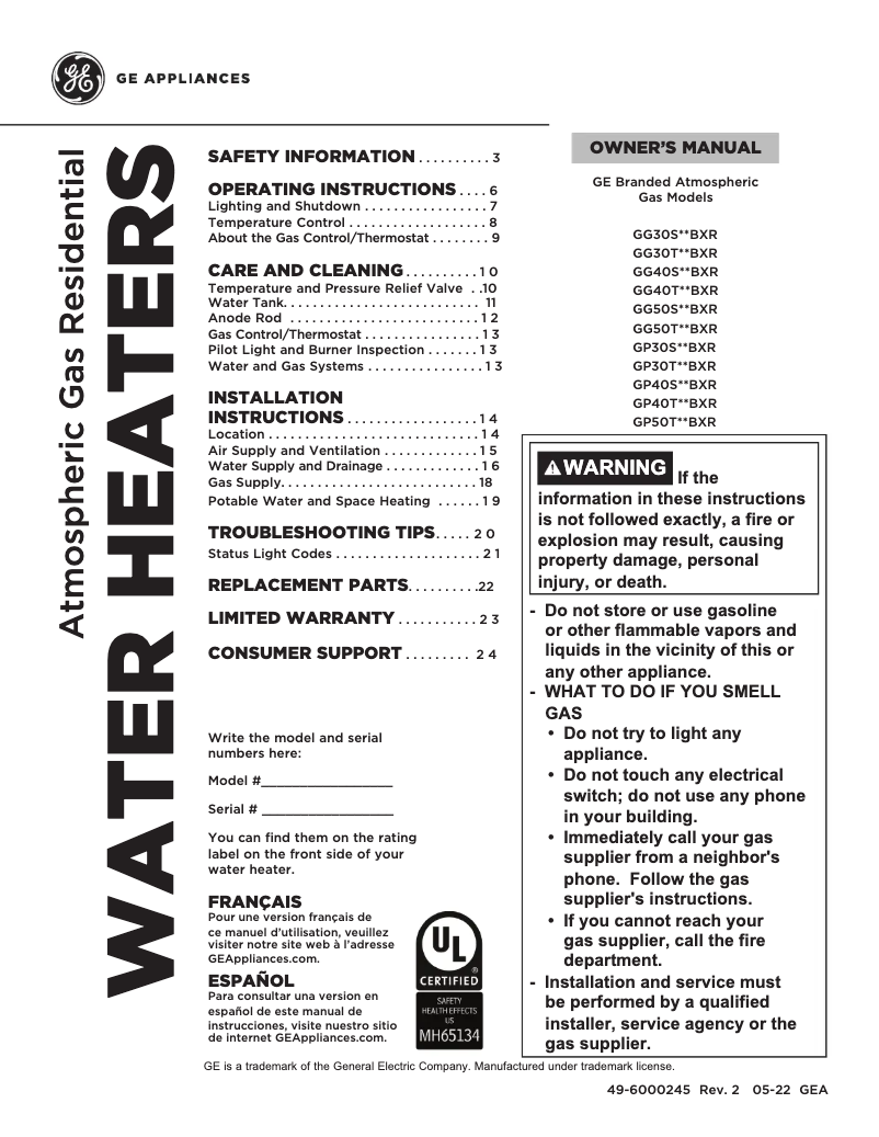 First page image of the manual for GP40S12BXR