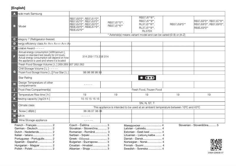 Page 1 of the manual Technical Sheet Samsung RL37J5269SS