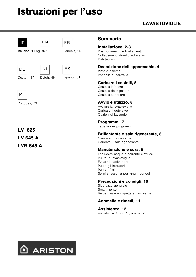 Page 1 of the manual User Manual Hotpoint Ariston LV 625 BK
